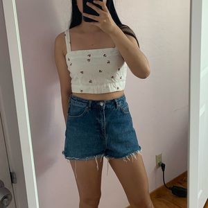 Cherry Embroidered Linen Crop Tank Top